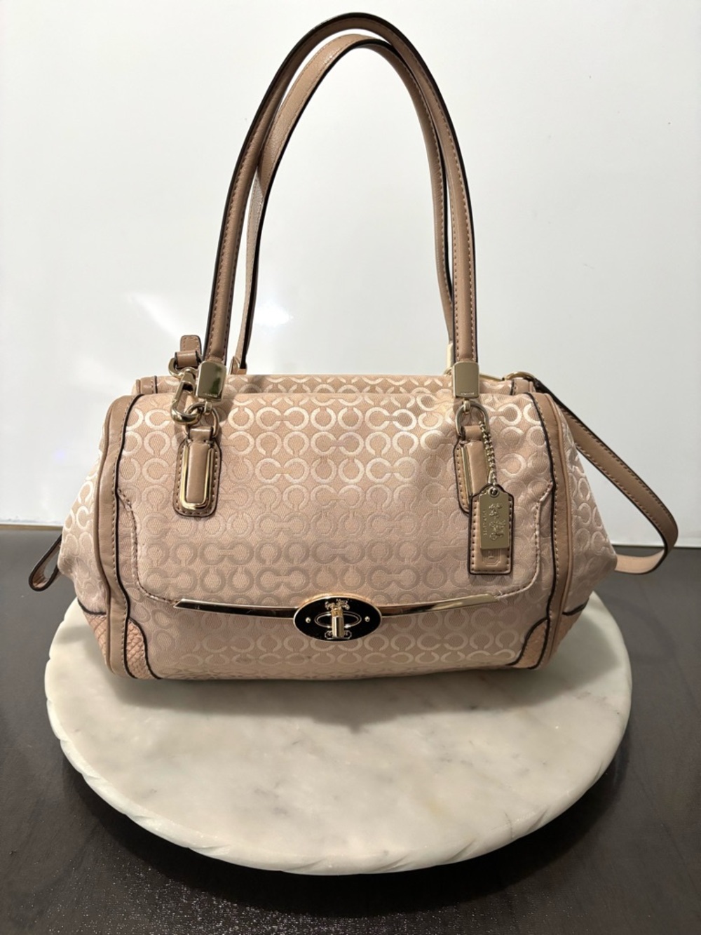 Coach Madison Madeline Op Art East/West Satchel Canvas Monogram Purse Beige Gold